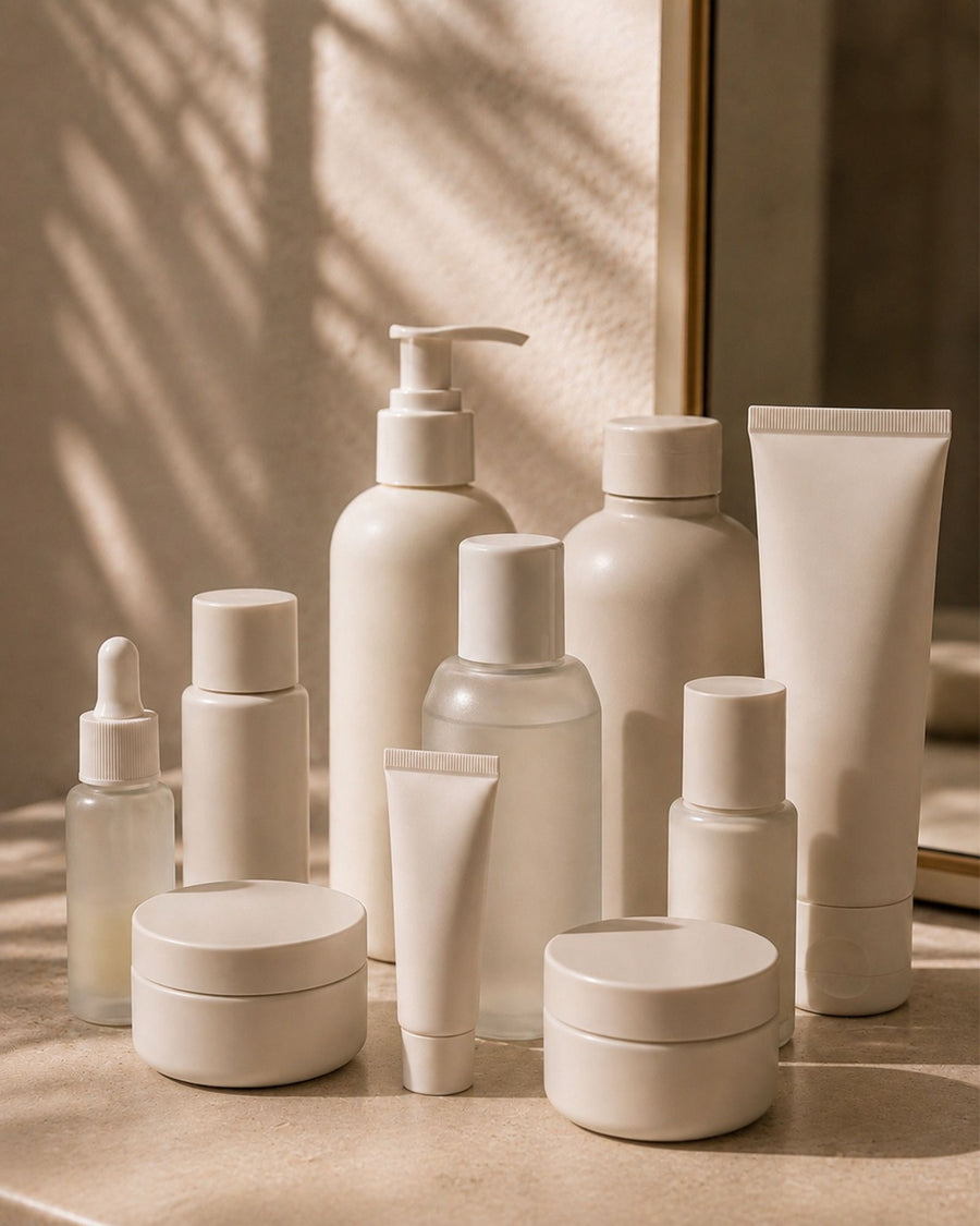 Collection de soins générique disposée devant un miroir dans une salle de bain.