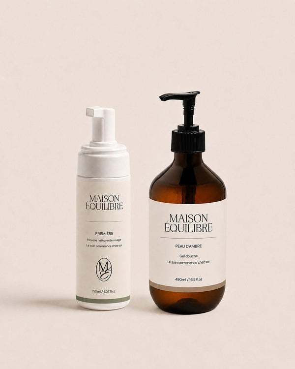 Mousse nettoyante Première et gel douche Peau d’Ambre réunis dans le Duo Découverte.