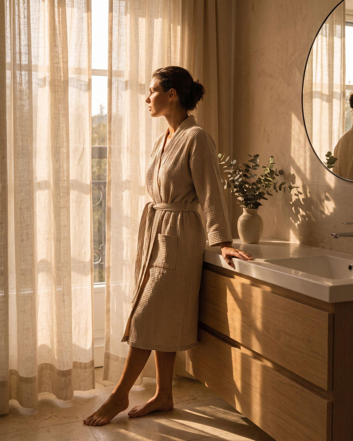 Femme en peignoir prenant un moment pour elle dans une salle de bain lumineuse.