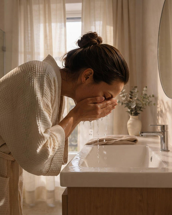 Femme rinçant son visage après avoir utilisé la mousse nettoyante Première.