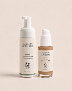 Mousse nettoyante Première et crème solaire Voile Teinté SPF 30 réunies dans le Rituel Quotidien.