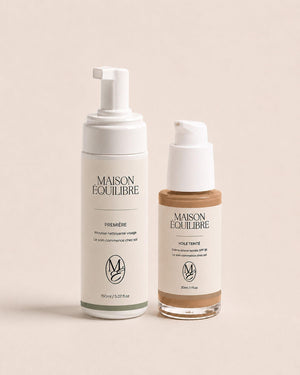 Mousse nettoyante Première et crème solaire Voile Teinté SPF 30 réunies dans le Rituel Quotidien.
